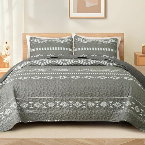Whale Flotilla Full Queen Size Quilt Set - Reversible Grey Quilts Queen Size with 2 Pillow Shams, Lightweight Boho Striped Bedspreads Coverlet Bedding Set for All Seasons Whale Flotilla