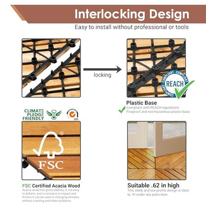 PrimeZone 9 PCS FSC Certified Acacia Wood Interlocking Patio Deck Tiles - 12" x 12" Indoor Outdoor Waterproof Flooring Tiles for Balcony, Backyard & Poolside, All Weather Use, Natural Wood, Diagonal