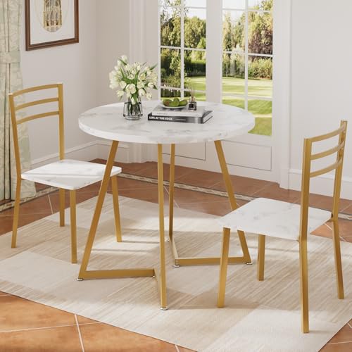 VECELO Small Round Dining Table Set for 2, Wood Tabletop with Strong Metal Frame, Modern Dinette with Chairs for Kitchen, Breakfast Nook Living Room, White & Gold VECELO