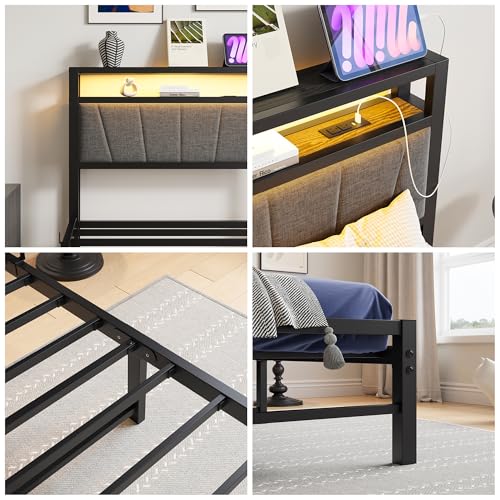 BOFENG Twin Bed Frame with Charging Station,LED Lights,Upholstered Storage Headboard,Heavy Duty Metal Platform Single Bed Frame Twin Size No Box Spring Needed,Solid and Stable,Noise Free,Grey BOFENG