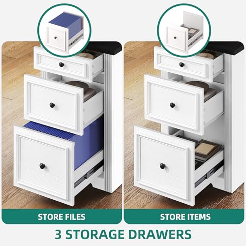 YITAHOME L Shaped Executive Desk with Hutch and Drawers, Farmhouse Home Office Desk with Power Outlet, Wood Corner Computer Desk with Sliding Door, Storage Cabinet with Glass Door, White & Black YITAHOME
