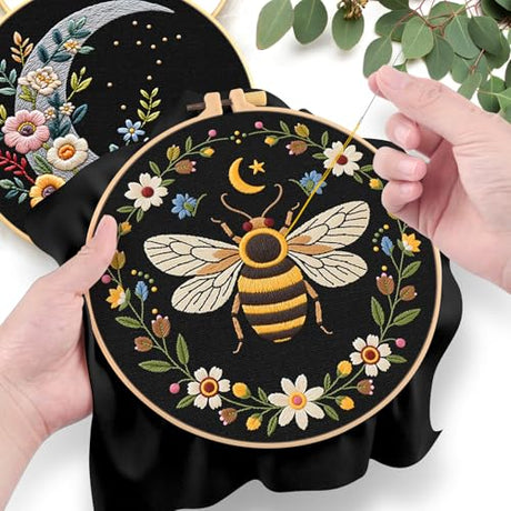 ERKOON Embroidery Kit for Beginners, 2 Set Flower Cross Stitch Set Include Embroidery Cloth Hoops Threads for Craft Lover Hand Stitch with Embroidery Skill Techniques (Bee Moon) ERKOON