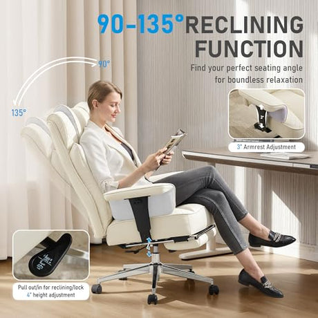 OwgeinSet Big and Tall Office Chair, Ergonomic Leather Reclining Chair with Footrest, High-Back Comfy Executive Computer Desk Chairs with Lumbar Support, Wide Seat, 400LBS (Beige) OwgeinSet