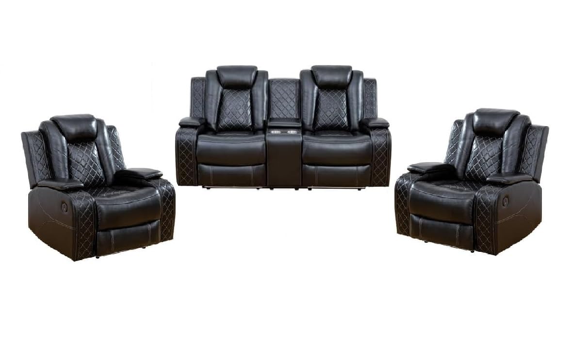 AYCP Multifunction Power Air Leather Recliner Sofa Set with LED Lights, Living Room Furniture, Reclining Sofa, loveseat, Chair with USB Port/Storage (Black, Loveseat+2 Chairs)