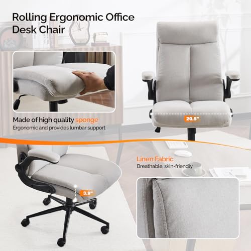 VINGLI Rolling Ergonomic Office Desk Chair with Padded Flip-up Arms, 360° Swivel High Back Executive Computer Chair with Wheels for Game,Home Small Space, Study Room, Reading Room, Linen Light Grey VINGLI
