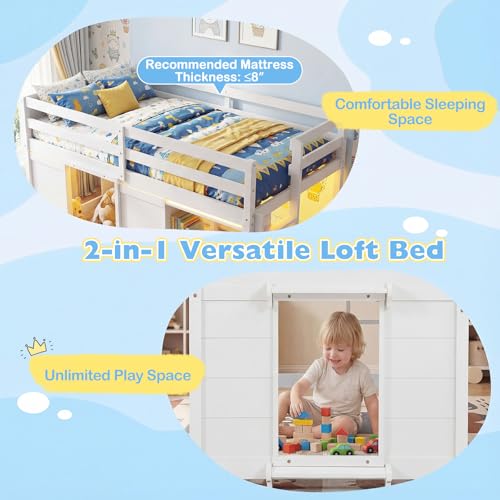 Giantex Loft Bed Twin Size with LED Lights, Wooden Low Bed Frames for Kids w/2 Doors, Under-Bed Play Space & Storage Bookcase, Modern Bedframe with Ladder & Safety Guardrail for Boys Girls (White) Giantex