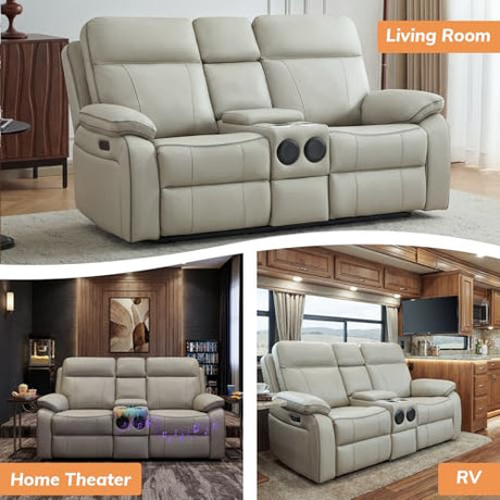 RIHEREFY Power Reclining Loveseat with LED Reading Light, Breathable Leather Loveseat Recliner Sofa RV Wall Hugger Double Recliners with Bluetooth Speaker/Drawer/USB/Type C (Gray, 2 Seater) RIHEREFY