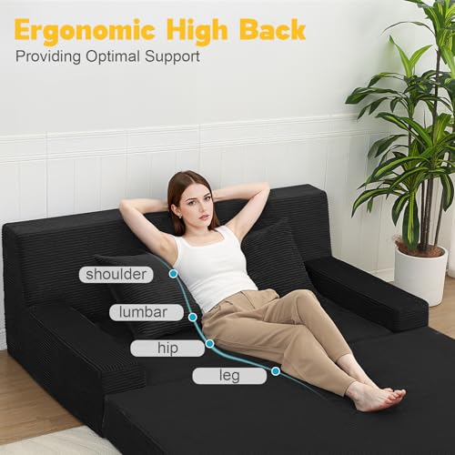 MeMoreCool Boneless Folding Sofa Bed Queen – Corduroy Convertible Futon Couch, 2-in-1 Floor Sleeper with Foam Support, Detachable Pillow & Washable Cover for Living Room, Guest Room, Apartment MeMoreCool