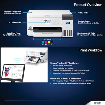 Epson SureColor F170 Dye-Sublimation Printer. Includes Full Set of Ink, User Guide, AC Power Cable, Sublimation Starter Kit, Thermal Tape, 8.5" x 11" & 8.5" x 14" Paper SCF170