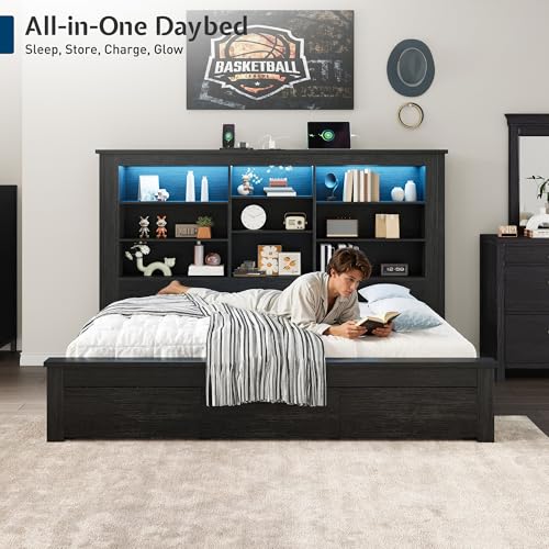 Jocisland Twin Bed Frame with Storage Drawers, Bookcase Headboard, USB Charging, RGB Lights, Farmhouse Wood Daybed, No Box Spring Needed, Black Jocisland