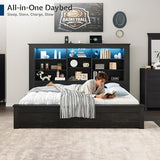 Jocisland Twin Bed Frame with Storage Drawers, Bookcase Headboard, USB Charging, RGB Lights, Farmhouse Wood Daybed, No Box Spring Needed, Black Jocisland