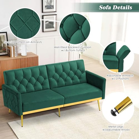 ACMEASE Velvet Futon Sofa Bed w/Adjustable Armrests & Backrests, Button Tufted Sleeper Couch, Modern Convertible Loveseat Sofa for Bedroom, Living Room, Apartment, Green ACMEASE