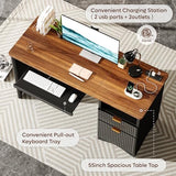 Bestier Computer Desk with Keyboard Tray, 55 inch Office Desk with Power Outlet, Modern Home Office Desk with File Drawer (Walnut with Black, 55" W with Single-Sided Drawers) Bestier