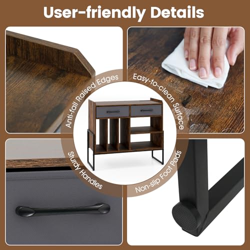Giantex Large Record Player Stand with Charging Station, Modern Turntable Stand w/2 Fabric Drawers & Adjustable Shelf, Record Player Table, Vinyl Record Storage for Living Room (Rustic Brown) Giantex