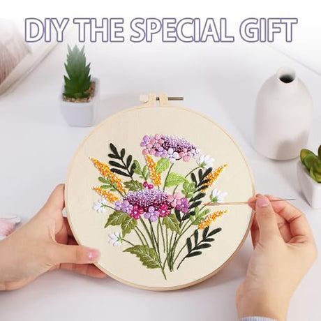 Offizon 3 PCS Embroidery Kit for Beginners - Cross Stitch DIY Craft Set, Flower Embroidery Accessories & Hoop Included, Hand Embroidery Kit for Adults Stitching Sewing Kit Gift | FlowerB Patterns Offizon