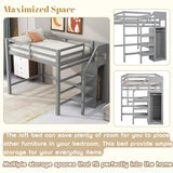 Full Size Loft Bed with Stairs and Built-in Storage Wardrobe, Wood Loft Bed Frame with Storage Shelves and Hanging Rod Gray Loft Beds for Kids Boys Girls Adults Teens Dorm Bedroom Bellemave