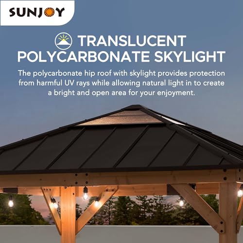 Sunjoy Hardtop Gazebo 9 x 9 ft. Cedar Framed Wood Gazebo with Brown Steel & Polycarbonate Pyramid Hip Roof and Ceiling Hook for Garden, Backyard - WoodArtSupply