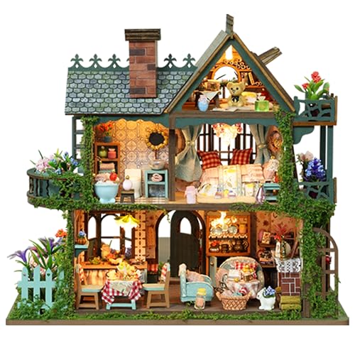 ISSEVE DIY Miniature House Kit, Tiny House Dollhouse Kit for Adults, Mini House Building Kits, Miniature Kit Adult Craft Diorama Kit Home Bookshelf Decoration, Gifts for Birthday (Fairy Garden House)