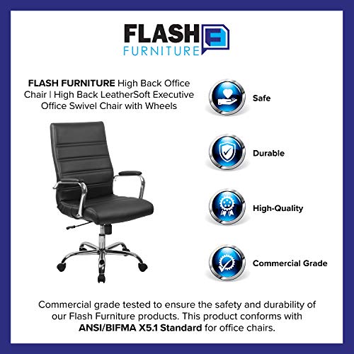 Flash Furniture Whitney High-Back Swivel LeatherSoft Desk Chair with Padded Seat and Armrests, Adjustable Height Padded Office Chair, Black/Chrome Flash Furniture