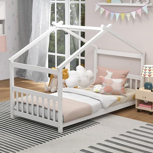 KOMFOTT Low Profile Twin House Bed Frame for Kids - Safe and Creative Wood Floor Bed with Roof and Headboard in White - WoodArtSupply