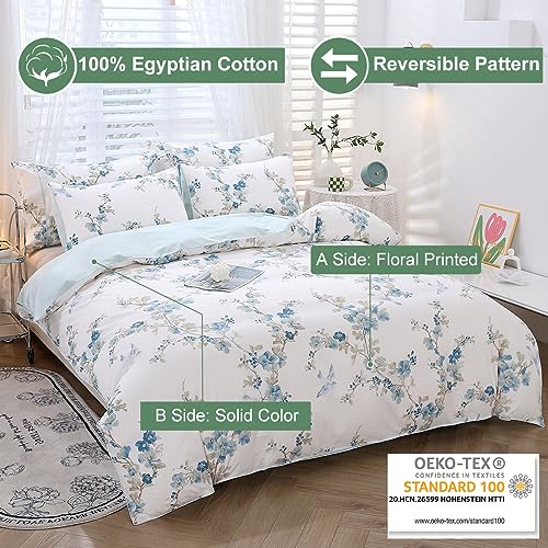 URBONUR Full Size Duvet Cover Sets Light Blue Garden Floral Bedding Comforter Cover, Ultra-Soft & Breathable Duvet Sets for All Season, Button Closure & Corner Ties URBONUR