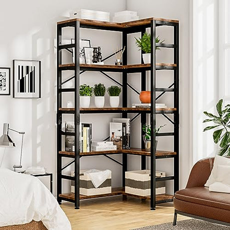NUMENN Vintage 5 Tier Corner Bookshelf - Modern Open Shelf Bookcase for Living Room, Bedroom, and Home Office NUMENN