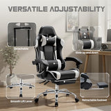 DUMOS Ergonomic Gaming Office Desk Chair with Footrest, Height Adjustable 360° Swivel Computer Video Game Chair with Headrest and Lumbar Support, Black White DUMOS