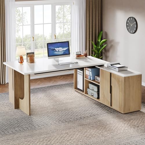 Tribesigns 74.8 Inch Executive Desk, Large Office Desk with Cabinet, L Shaped Computer Desk with Shelves and CPU Storage, Modern Home Office Desks Business Furniture Workstation Set, White and Wood Tribesigns