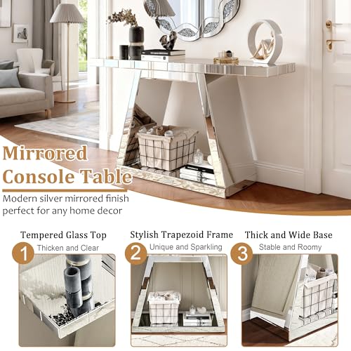 Goujxcy 2 Piece Silver Mirrored Console Table and Round Wall Mirror Set, 55.9" Rectangle Luxury Mirrored Entryway Sofa Table and 31.5" Crush Diamond Wall Mirror Set for Living Room Hallway Entrance Goujxcy