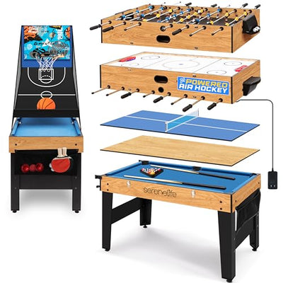 SereneLife 48" 6-in-1 Multi Game Table, Full-Size Indoor and Outdoor Arcade Sports Table with Pool, Air Hockey, Foosball, Basketball, Table Tennis, Dining Table, for Family, Kids, Adults