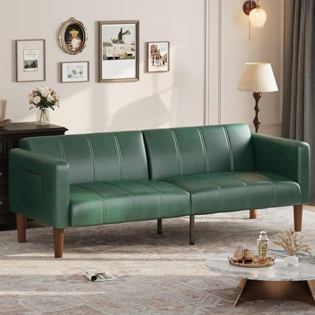 GarveeHome Futon Sofa Bed, 75-Inch Modern Faux Leather Convertible Couch, Mid-Century Loveseat for Small Space, Living Room, Bedroom, Green GarveeHome