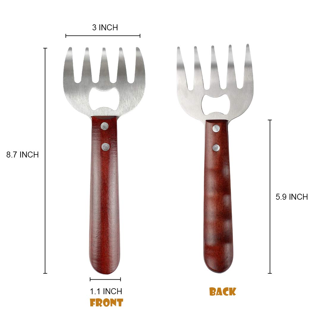 AIYUE Meat Shredding Claws Stainless Steel Pulled Pork Shredder Meat Claws for BBQ Shredding Pulling Handing Lifting & Serving Pork Turkey Chicken with Long Wood Handle (2 PCS,BPA Free) AIYUE