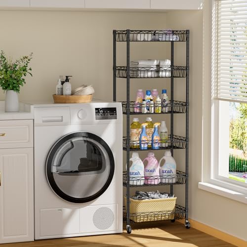 Golpart 6 Tier Basket Shelf Wire Shelving Unit Adjustable Storage Shelves Big Basket Rack for Garage Kitchen Office Pantry Corner 17.2" Dx12.2 Wx63 H Black Golpart