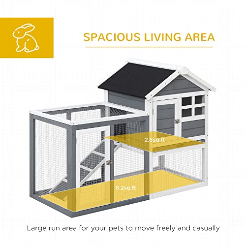 PawHut 48" Wooden Rabbit Hutch Bunny Cage with Waterproof Asphalt Roof, Fun Outdoor Run, Removable Tray and Ramp, Grey - WoodArtSupply