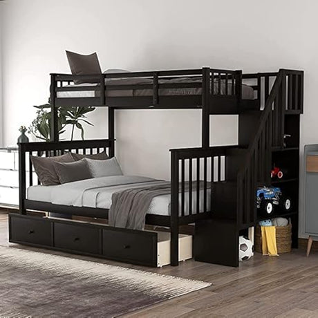 Harper & Bright Designs Twin Over Full Bunk Bed with Stairs and Drawers, Solid Wood Stairway Bunk Bed with Storage for Kids Teens Adults, Bedroom, Dorm (Espresso) Harper & Bright Designs