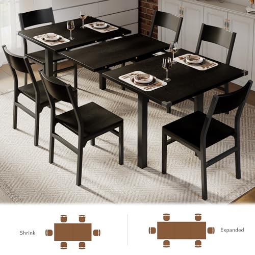 iPormis 7-Piece Dining Table & Chairs Set for 4-6, 63" Extendable Kitchen Table with 6 Chairs, Dining Room Table with Metal Frame & MDF Board, Perfect for Small Space, Easy Assembly, Black iPormis