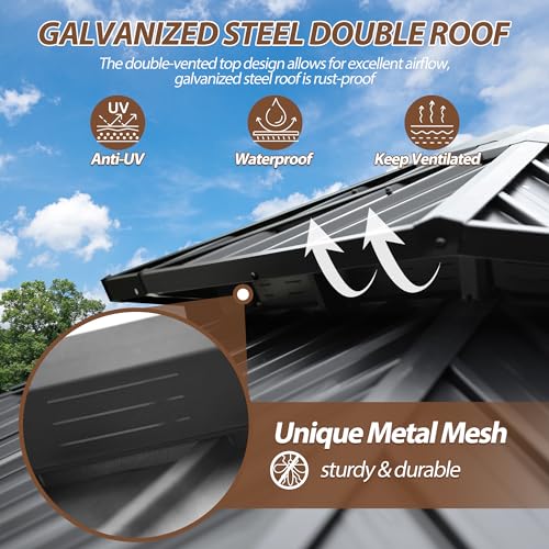Raysfung 10 X 10ft Hardtop Gazebo, Galvanized Steel Double Roof Gazebo with Nettings and Curtain Outdoor Aluminum Frame Vertical Stripes Roof Permanent for Patio, Backyard, Lawns Raysfung