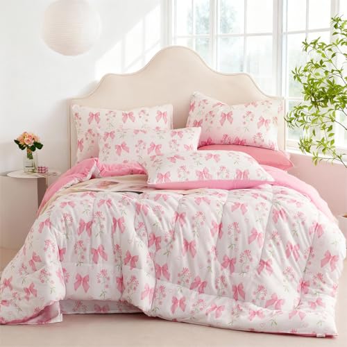 CCoutueChen Pink Bow Comforter Set Full 3Pcs Pink Floral Bedding Set for Girls Kids Romantic Princess Style Bowknot Bedding Ultra Soft Reversible Garden Flower Comforter Sets with 2 Pillowcases CCoutueChen