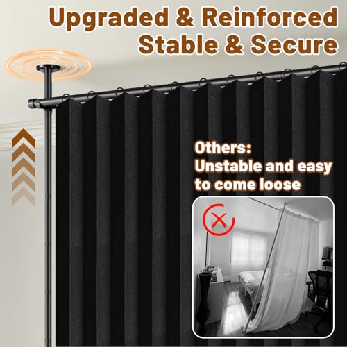 AJAZZ Room Divider Curtain (Black, W100 x L84 in, 1 Panel)+ Tension Curtain Rod No Drilling (H) 43-120×(W) 35-100 in, for Privacy/Soundproof Curtains, Heavy Duty Wall Separator AJAZZ