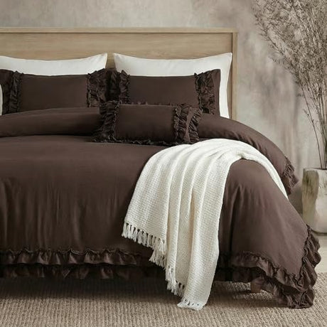 Dark Brown Duvet Cover Set Elegant Ruffled Bedding King Shabby Chic Lace Ruffle Boho Bedroom Decor Vintage Boho Style Chocolate Duvet Cover with Pillowcases Bedorm