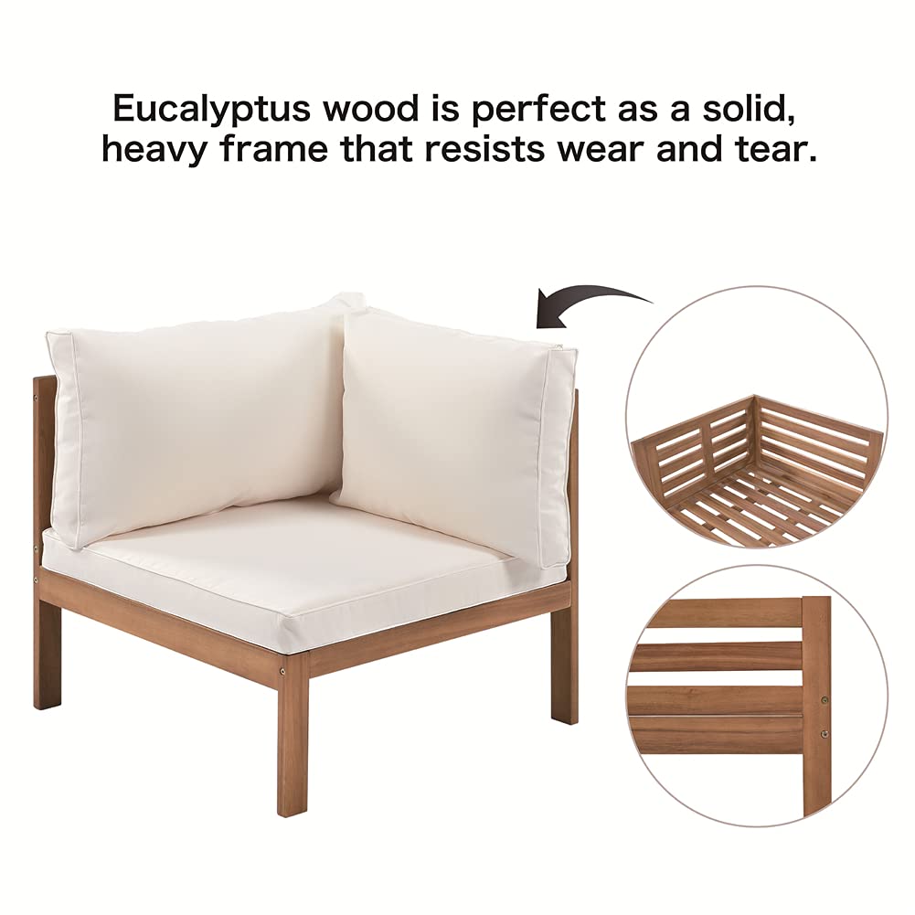 YSWH Exotic Design 4 Pieces Outdoor Patio Furniture Sectional Sofa Sets with Cushions, Eucalyptus Wood Frame with Slatted Tabletop Tea Table and Backrest, Natural Frame + Beige Cushions YSWH