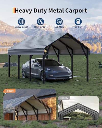 10 x 15 FT Metal Carport, Heavy Duty Carports Reinforced Frame and Steel Roof, All-Weather Shelter Canopy for Pickups, Boats, Cars, and Tractors KYBOLT