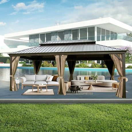 Domi 14x22FT Hardtop Gazebo with Netting & Curtains, Outdoor Aluminum Frame Gazebo with Galvanized Steel Double Roof, Outdoor Permanent Metal Pavilion for Patio Deck Lawn and Garden, Dark Brown domi outdoor living