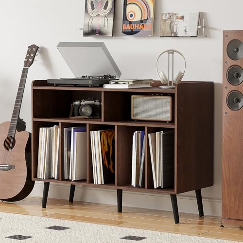 ChooChoo Record Player Stand, Turntable Stand with Vinyl Storage, Record Player Cabinet Up to 350 Albums, Cube Storage Organizer for Living Room, Walnut ChooChoo