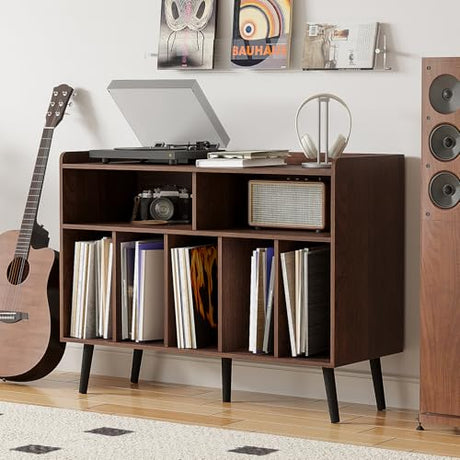 ChooChoo Record Player Stand, Turntable Stand with Vinyl Storage, Record Player Cabinet Up to 350 Albums, Cube Storage Organizer for Living Room, Walnut ChooChoo