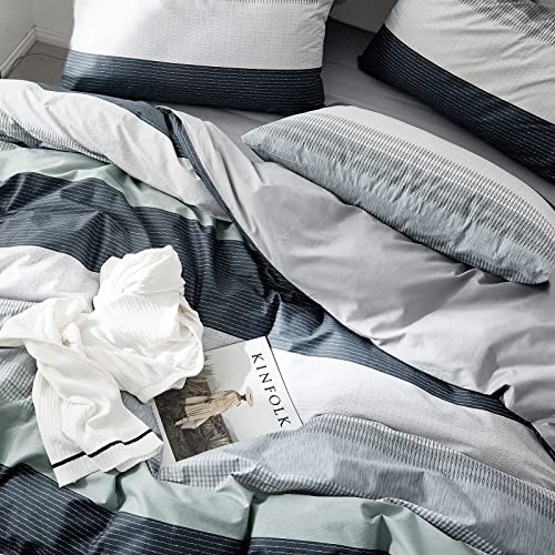 VM VOUGEMARKET Striped Bedding Duvet Cover Set King,3 Pieces Gray Blue Duvet Cover Sets,100% Cotton Modern Simple Comforter Cover with Zipper-King,Martin VM VOUGEMARKET