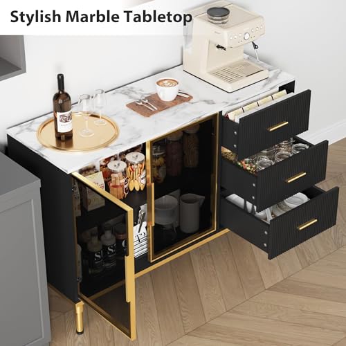 GAOMON Buffet Sideboard Cabinet with Storage, 46.4" Large Fluted Kitchen Sideboard Cabinet with 2 Glass Doors 3 Drawers and Shelves, Faux Marble Top Buffet Table for Dining Room, Living Room, Black GAOMON