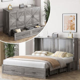 ADOWORE Queen Size Murphy Bed with Large Storage Drawer & Charging Station, Hideaway Full Foldable Platform Bed for Home Office or Guest Bedroom, Living Room,Grey ADOWORE