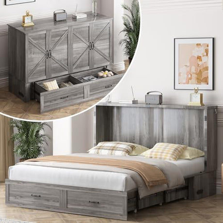 ADOWORE Queen Size Murphy Bed with Large Storage Drawer & Charging Station, Hideaway Full Foldable Platform Bed for Home Office or Guest Bedroom, Living Room,Grey ADOWORE