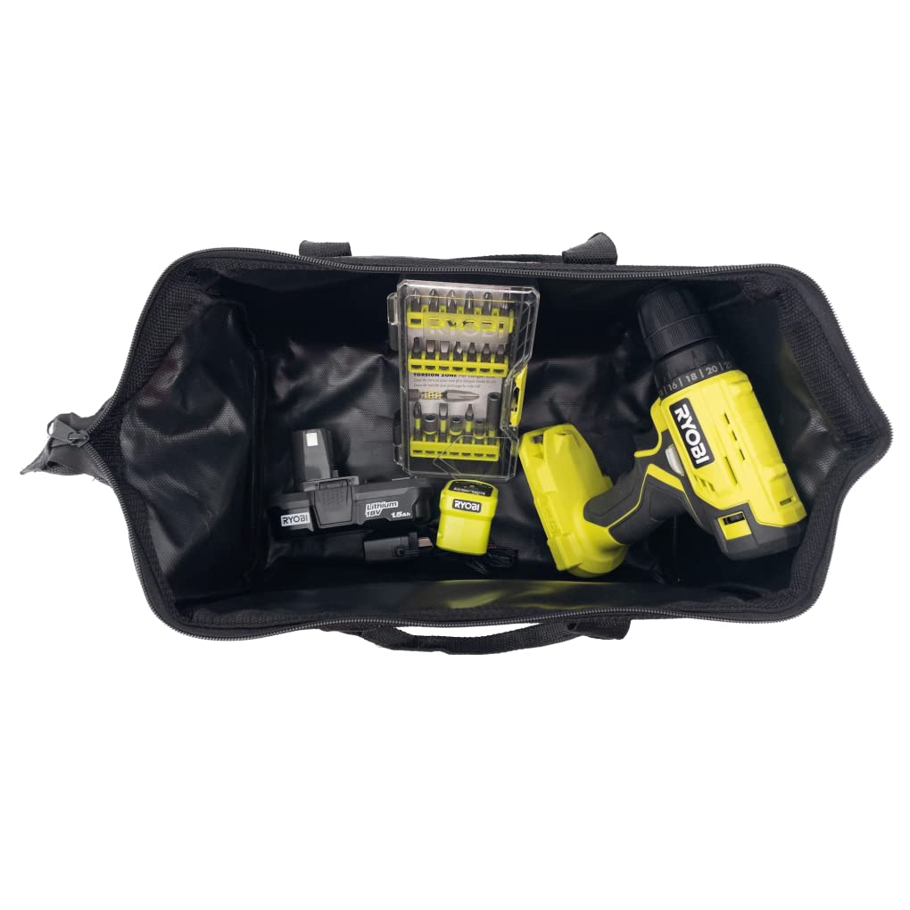 Cordless Drill Set Bundle with Ryobi 18V ONE+ Drill Driver, 3/8 Inch Chuck, 40 Piece Drill Bit Set, 1.5 Ah 18-Volt Lithium-ion Battery, 18-Volt Charger and Buho 16 Inch Tool Bag Buho